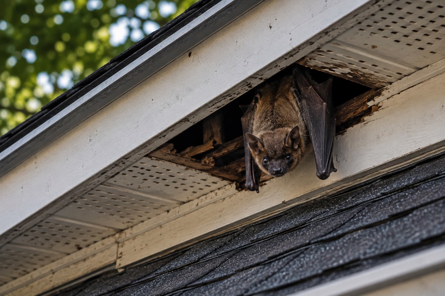 A bat tucked into a gap in a damaged soffit