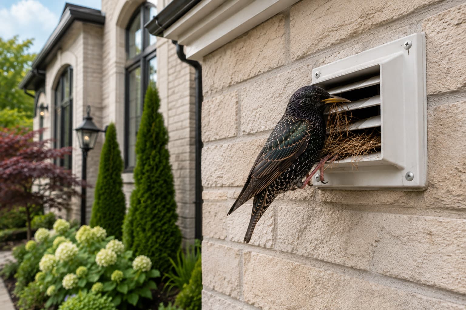 A starling carrying nesting material into a wall vent on a stone house