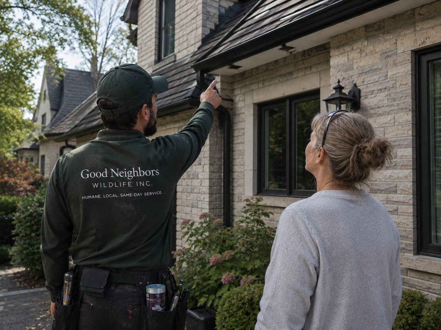 A Good Neighbors technician pointing out a roofline detail to a homeowner outside her house.