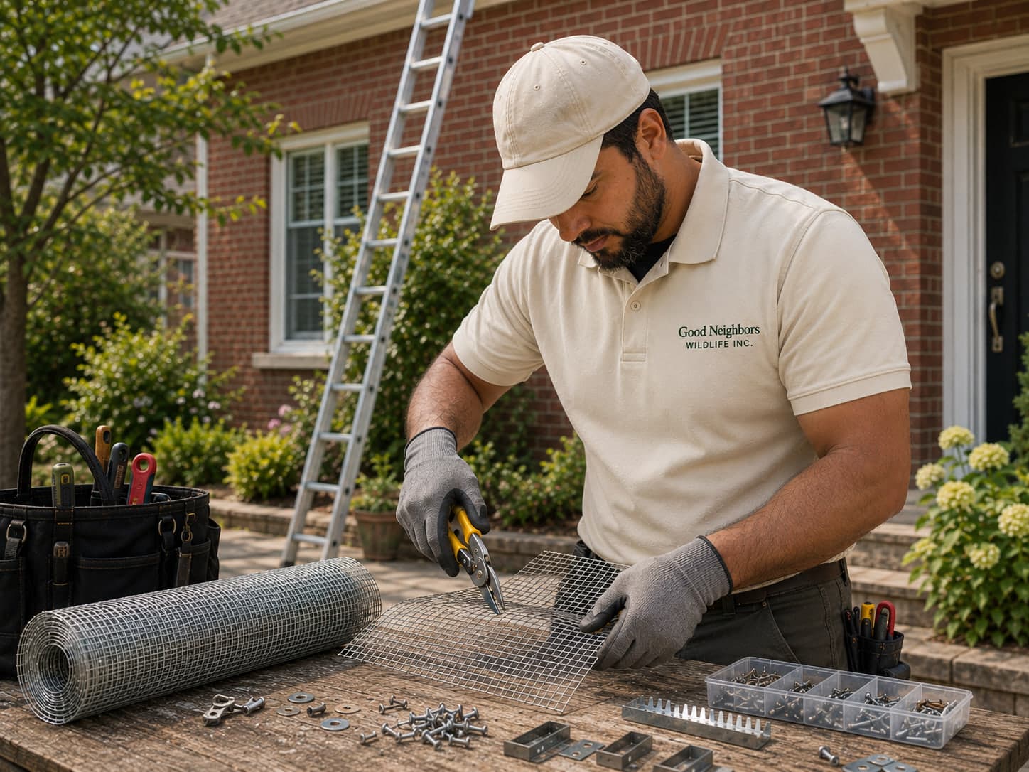 A technician cutting wire mesh at an outdoor workbench.