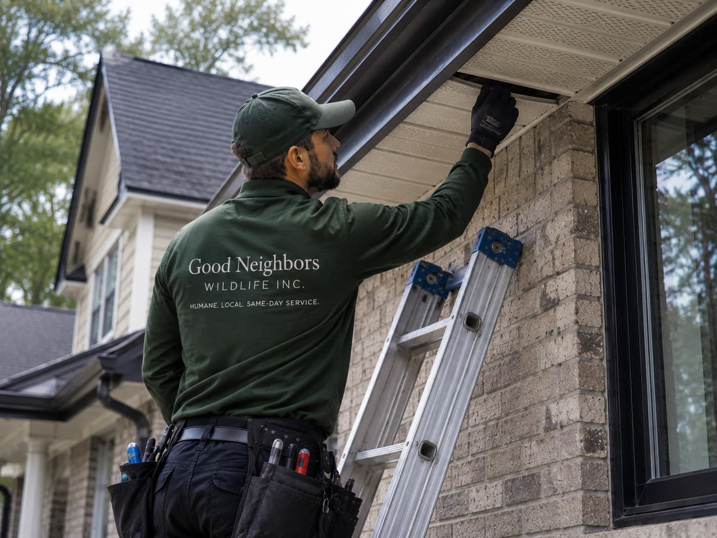 A technician on a ladder inspecting a soffit near the roofline of a house.