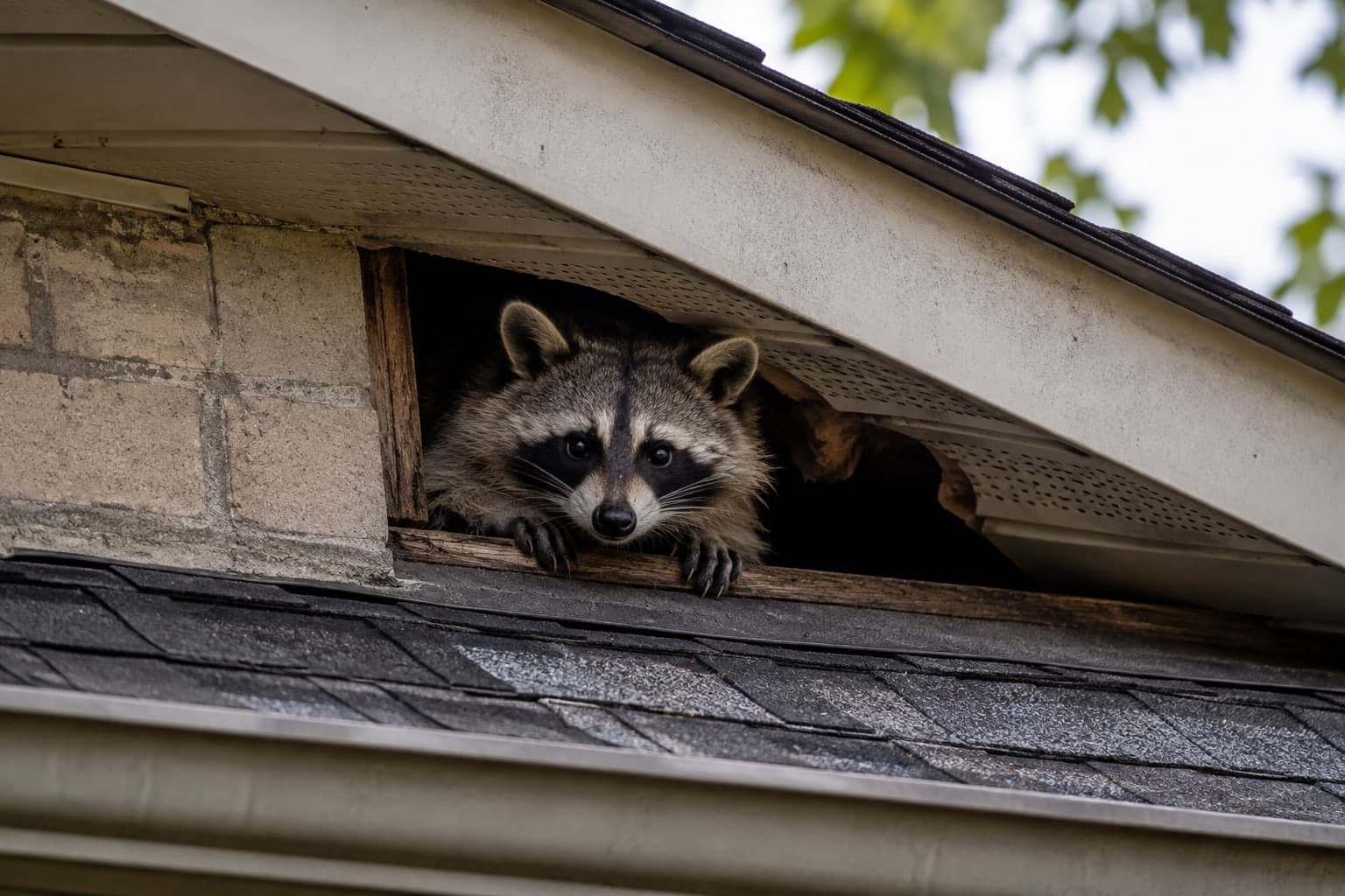 A raccoon looking out of a torn soffit at a home's roofline