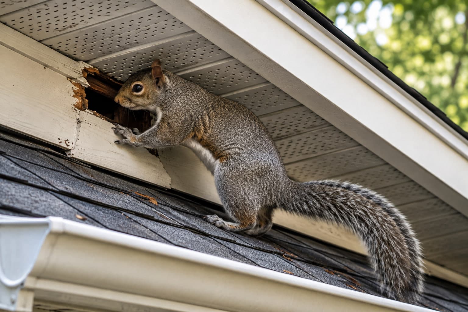 A squirrel at a chewed hole in a soffit at a home's roofline